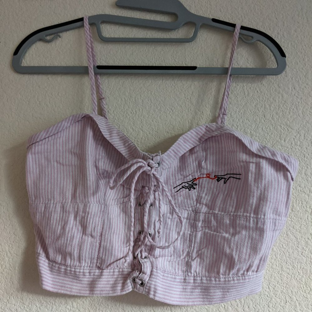 Embroidered Your Name Red String of Fate Pink White Spaghetti Strap Crop Top